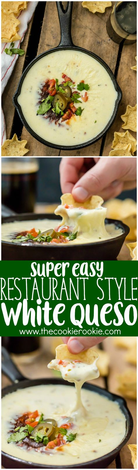 Easy Restaurant Style WHITE QUESO is our FAVORITE DIP RECIPE EVER. Tastes just like queso dip at Mexican restaurants! I have been waiting my entire life for this cheese dip recipe! Queso Recipe Easy, White Queso Dip Recipe, White Cheese Dip Recipe, White Queso Recipe, Easy Queso, White Queso Dip, White Queso, Cheese Dip Recipe, Queso Dip Recipes