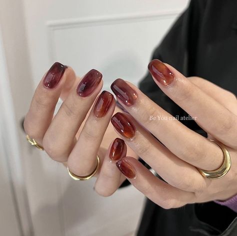 Red Amber Nails, Fall Nails Korean, Korean Nail Art Autumn, Burgundy Korean Nails, Fall Korean Nails, Burgundy Aura Nails, Russian Nails, Fall Nails Japanese, Plain Nails