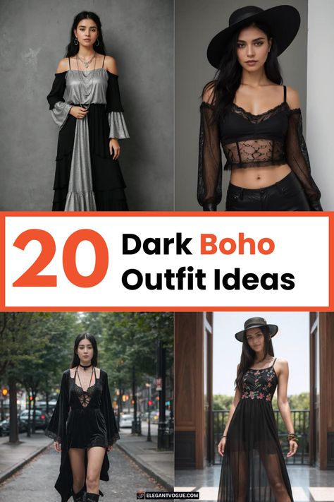 Boho Outfit Ideas Bohomeian Style Outfits Black, Bohemian Black Kimono For Beach, Goth Boho Outfits, Black Boho Kimono, Soft Gothic Outfits, Dark Boho Outfits, Boho Rave Outfit, Dark Bohemian Skirt, Festive Bohemian Black Kimono