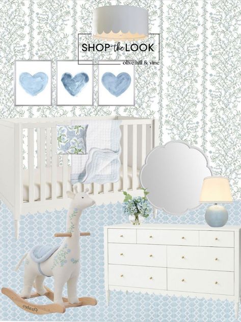 Pale blue sets the serene tone for this girl’s nursery. Delicate floral wallpaper adds charm, accented by a trio of blue heart artworks. Our favorite surprise: a giraffe rocking horse! Blue hydrangeas bring nature in. The white convertible crib and dresser with scalloped detailing match the flush mount light and accent mirror perfectly. Follow my shop @OliveHillandVine on the @shop.LTK app to shop this post! Blue Girl Nursery, Blue Floral Nursery, Blue Nursery Girl, White Convertible, Nursery Decor Inspiration, Heart Artwork, Marble End Tables, Duck Art, Blue Hydrangeas