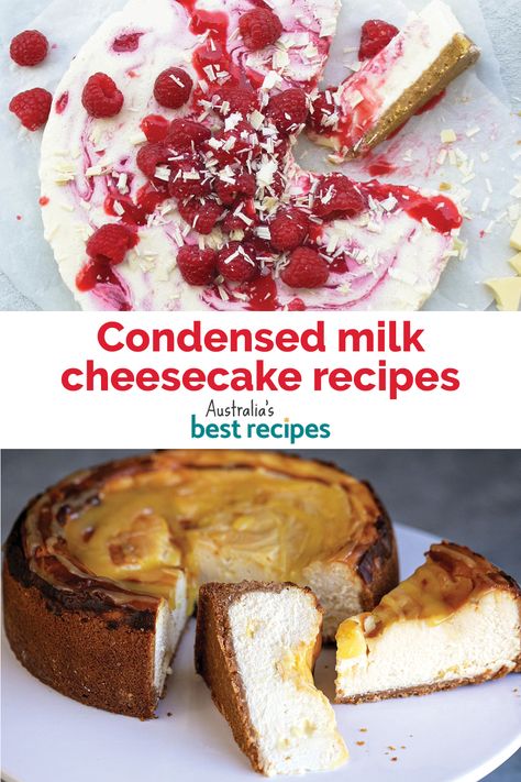 Stock up on condensed milk because the next family gathering will be one to celebrate. These condensed milk cheesecakes are the perfect dessert to share with loved ones. Cheesecake Recipes With Sweetened Condensed Milk, Cheesecake Recipes With Condensed Milk, Cheesecake Sweetened Condensed Milk, Cheesecake With Sweetened Condensed Milk, Recipes Using Sweetened Condensed Milk, Cheesecake Condensed Milk, Condensed Milk Cheesecake Recipes, Cheesecake With Condensed Milk, Condensed Milk Recipes Desserts