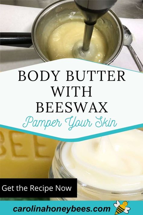 Homemade Body Butter Recipe with Beeswax - Carolina Honeybees Beeswax Body Butter, Whipped Coconut Oil Body Butter, Body Butter Recipe Whipped, Body Butter Packaging, Body Butter Recipe Homemade, Coconut Oil Body Butter, Beeswax Recipes, Diy Body Butter Recipes, Whipped Coconut Oil