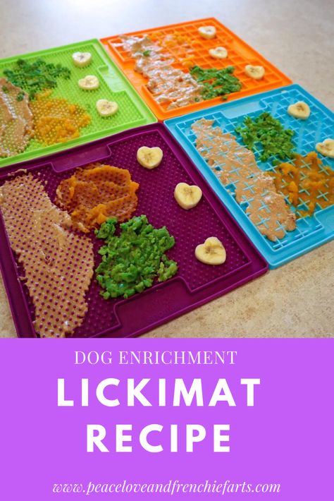 Frozen Dog Lick Mats, Dog Lick Matt Recipes, Lickimat Recipes Dogs, Dog Lick Mat Food Ideas, Dog Lick Pad Recipes, Pet Lick Mat Recipes, Food Enrichment For Dogs, Frozen Dog Enrichment, Dog Food Corner Ideas