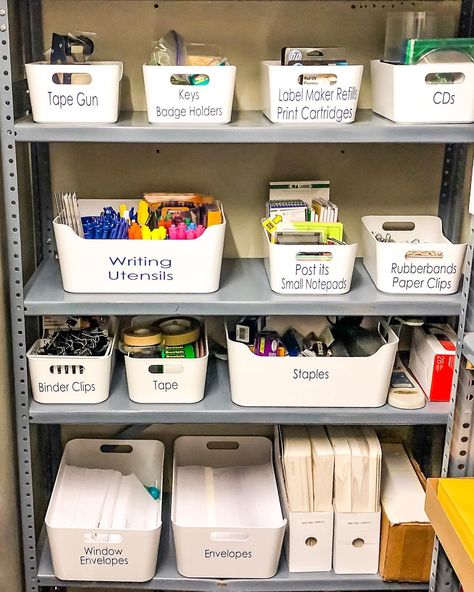 Home Office Organization Ideas Office Supplies Organization At Home, School Supply Room Organization, Document Organization Storage, Staff Storage Ideas, Organize Office Storage Room, Office Material Organization, Office Supplies Organization At Work, Organize Office Shelves, Organizing Supply Closet At Work