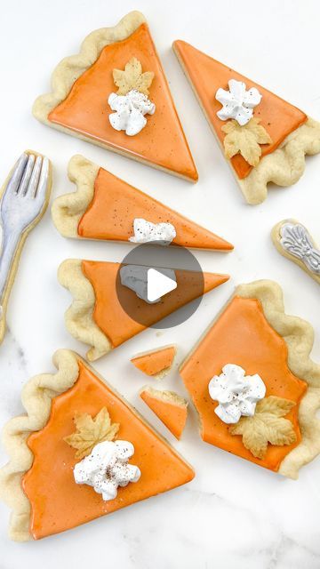 511K views · 22K likes | Maya Frenklach - Painted Ladies Pastry on Instagram: "Let’s make pumpkin pie sugar cookies to kick off the season! 🎃Decorating details below🎃  •Using a standard roll out sugar cookie recipe, cut your dough into pie shapes with a knife. Leave a little extra dough at the top of the wedge and using your fingers, form it like you would the top of a pie crust. Stabbing the flat part of the dough with a fork can help prevent spreading. Pop the cut and shaped cookies into the freezer before baking.   •Bake cookies directly from the freezer to help maintain shape and prevent spread (I baked these at 350F for 11 minutes, but all ovens vary).  •To finish the pumpkin pie cookies, I outlined and flooded the shape of each cookie with orange royal icing, leaving the top crust Orange Royal Icing, Roll Out Sugar Cookie Recipe, Pumpkin Pie Sugar Cookies, Pie Sugar Cookies, Roll Out Sugar Cookies, Pumpkin Pie Cookies, Pie Cookies, Thanksgiving Activities For Kids, Shaped Cookies