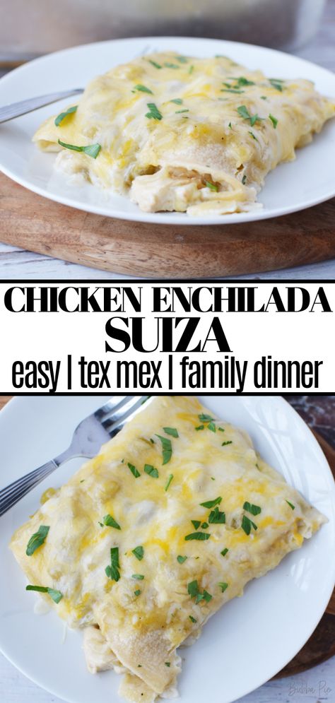 This Chicken Enchilada Suiza is a delicious, tex mex inspired dinner for any night of the week. These enchiladas are packed with chicken, a homemade salsa verde and then topped with a creamy, cheesy sauce. Suiza Sauce Recipes, Enchilada Suiza Sauce, Enchiladas Chicken Suizas, Creamy Chicken Enchiladas Verde, Tex Mex Chicken Enchiladas, Swiss Enchiladas Chicken, Chicken Enchilada Suiza Recipe, Chicken Suiza Enchiladas, Suiza Enchiladas