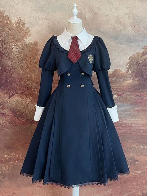 Polyester Long Sleeves Ruffles Dress Academy Uniform, Academy Uniforms, Pointed Flat Collar, Long Sleeve Ruffle Dress, Leg Of Mutton Sleeve, Op Dress, Fashion Design Collection, Dress Design Sketches, Flat Collar