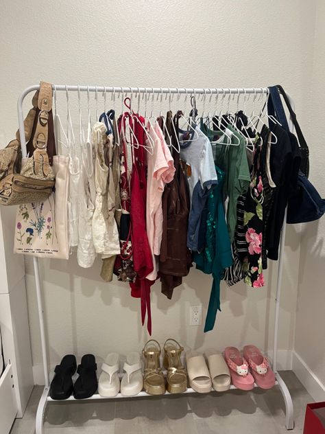 #clothingrack #clothingrackinspo #decor #clothes #y2kfashion #y2kaesthetic #vintageclothing Room Clothing Rack Aesthetic, Cloths Rack Aesthetic, Clothing Rack Aesthetic Vintage, Black Clothing Rack Aesthetic, Clothes Rack Aesthetic, Clothing Rack Aesthetic, Coquette Clothing Rack, Clothes Rack, Summer Clothing