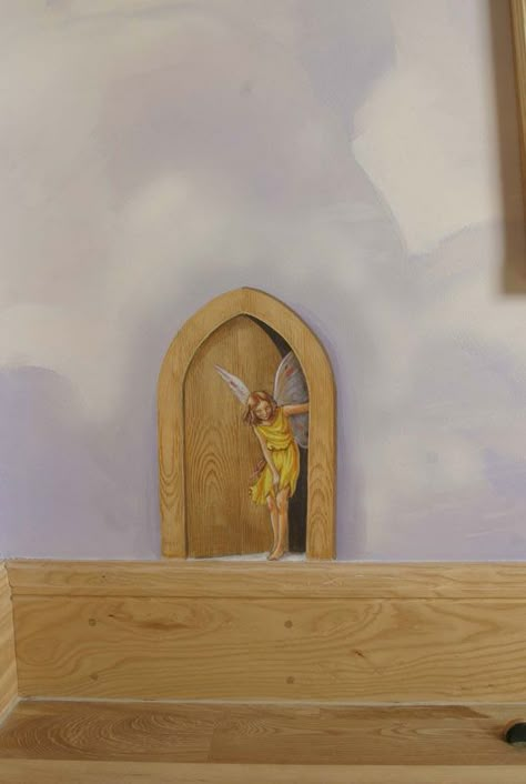 fée Tromp L'oeil Murals, Hidden Paintings In House, Small Wall Mural, Fairytale Room Decor, Fairy Wall Mural, Mural Painting Ideas, Door Painting Ideas Bedroom, Small Wall Painting, Fairy Mural