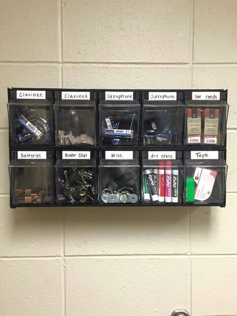 Band room organization Band Hall Organization, Music Equipment Organization, Choir Room Organization, Band Hall Decorations, Band Room Bulletin Board Ideas, Band Director Office, Sheet Music Organization, Band Room Aesthetic School, Middle School Band Room