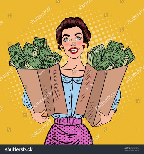 Pop Art Happy Rich Woman Holding Bags with Money. Vector illustration #Ad , #Sponsored, #Rich#Woman#Happy#Pop Money Vector Illustration, Money Vector, Frankie Magazine, Pop Art Drawing, Pop Art Women, Pop Art Comic, Pop Art Wallpaper, Rich Women, Art Happy