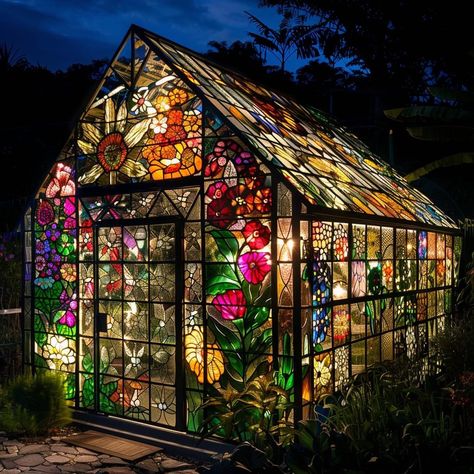 Green House Balcony, Fairytale Greenhouse, Stained Glass Greenhouse, Glass Green House, Glass Houses, Stained Glass Studio, House Balcony, Cottagecore Home, Houses Ideas