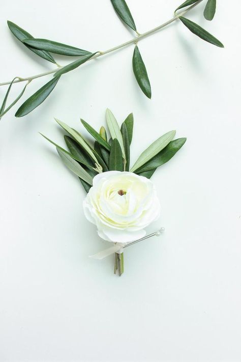 Peony Boutonniere, Diy Destination Wedding, White Peonies Bouquet, Olive Green Weddings, Olive Wedding, Ranunculus Flowers, Olive Leaves, Green Wedding Colors, Rustic Bouquet