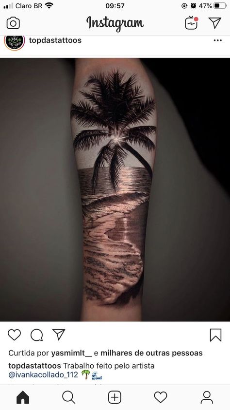 Tropical Forearm Tattoo, Beach Waves Tattoo Ideas, Palm Tree Sleeve Tattoo, Tropical Sleeve Tattoo For Women, Beach Tattoo Sleeve, Beach Sleeve Tattoo, Beach Themed Tattoos For Women, Beach Themed Tattoos, Strand Tattoo