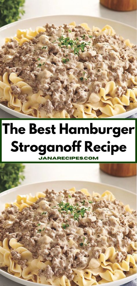 Enjoy a simple yet flavorful Hamburger Stroganoff that brings together ground beef, mushrooms, and a creamy sauce. Serve it over egg noodles for a delightful and filling dinner that everyone will love. Easy Hamburger Stroganoff Recipe, Hamburger Hot Dish, Simple Dinner Ideas For Two, Hamburger Beef Stroganoff, Dinner Ideas Fun, Dinner Ideas For Parties, Ground Beef Mushrooms, Hamburger Stroganoff Recipe, Fun Dinner Ideas