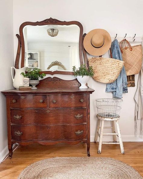 Vintage Dresser Aesthetic, Antique Wood Dresser, Antique Dresser Bedroom Decor, Antique Dresser Bedroom, Dresser Bedroom Decor, Dresser Aesthetic, Goals 2025, Vintage Armoire, Dresser Bedroom