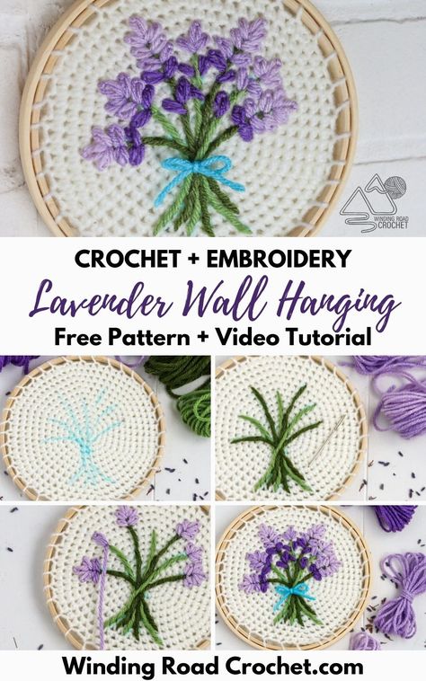 Learn to crochet and embroider this beautiful lavender wall hanging. Free crochet pattern and video tutorial by Winding Road Crochet. Crochet On Embroidery Hoop, Crochet Hoop Wall Hanging, Embroidery Thread Crochet, Hoop Crochet, Diy Crochet Wall Hanging, Crochet Room, Wall Flags, Crochet Lavender, Winding Road Crochet