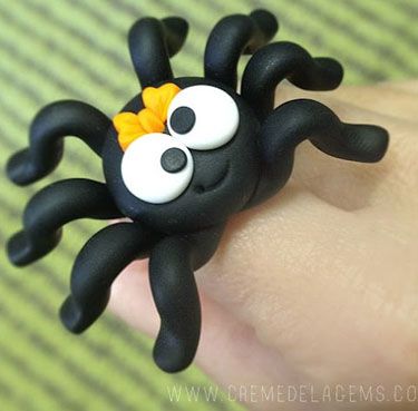 Tutorial: Sort of Spooky Spider · Polymer Clay | CraftGossip.com Polymer Clay Halloween, Halloween Clay, Polymer Clay Ornaments, Polymer Clay Diy, Polymer Clay Animals, Cute Polymer Clay, Clay Animals, Clay Ornaments, Polymer Clay Charms