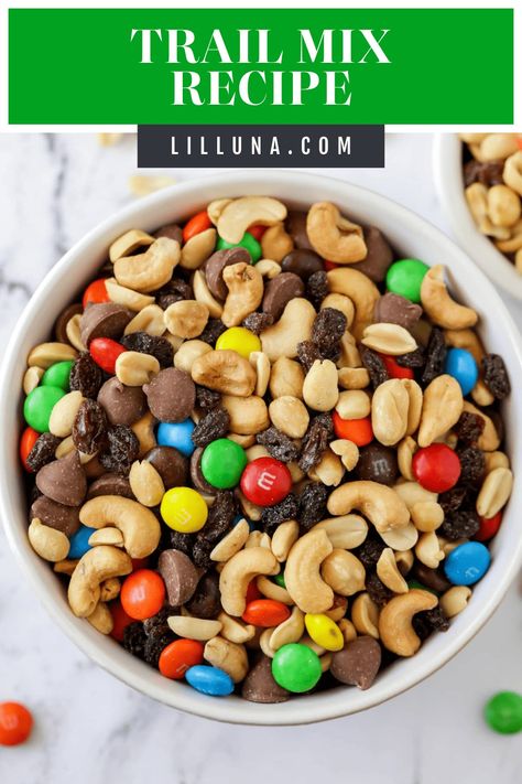 This sweet and salty trail mix recipe is quick and completely customizable for perfect on-the-go snacking. #trailmixrecipe #trailmix #snacking How To Make Trail Mix Recipes, Sweet And Salty Trail Mix Recipes, Spicy Trail Mix Recipes Healthy, M&m Trail Mix Recipe, Trail Mix With Butterscotch Chips, Homemade Trail Mix Recipes, Easy To Make Snacks, Homemade Dips, Trail Mix Recipes