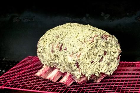 Garlic Butter Smoked Prime Rib | Hey Grill, Hey Smoked Standing Rib Roast, Garlic Butter Prime Rib Recipe, Smoked Prime Rib Roast, Prime Rib Dinner, Bbq Smoker Recipes, Smoked Prime Rib, Traeger Cooking, Prime Rib Roast Recipe, Traeger Grill Recipes