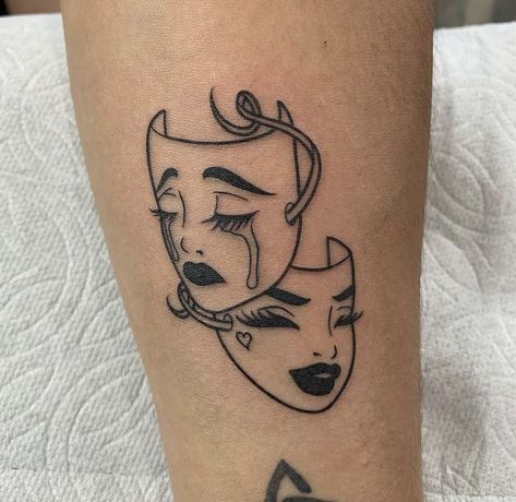 Face Line Work Tattoo, Theater Faces Tattoo, Vintage Woman Tattoo, Drama Mask Tattoo Design, Good Girl Tattoo, Theater Mask Tattoo, Disney Sleeve Tattoos, Self Love Tattoo, Pretty Hand Tattoos