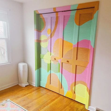 10 DIY Closet Door Ideas to Enhance Your Home | Family Handyman Closet Repainting Ideas, Peel And Stick Wallpaper Bifold Closet Doors, Diy Art Closet, Paint Door Ideas Creative, Kids Closet Doors, Kids Closet Door Ideas, Funky Closet Ideas, Colorful Closet Doors, Fun Door Ideas