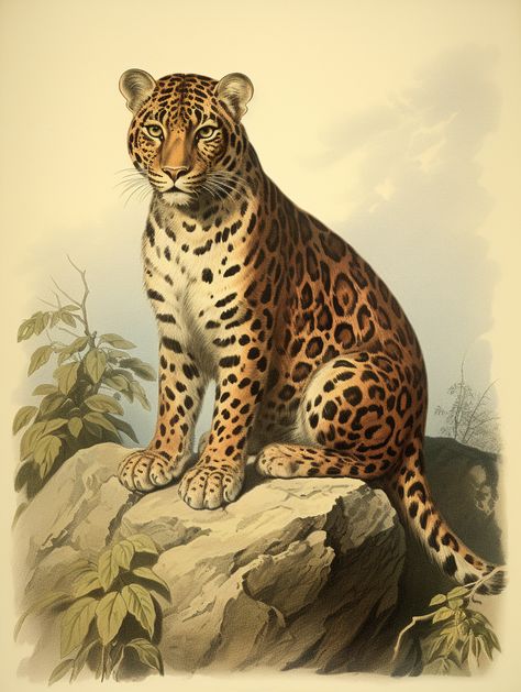 Amur leopard naturalist style illustration, reminiscent of 19th-century naturalist drawings. AI-generated Vintage Animals Aesthetic, Animal Scientific Illustration, Amur Leopard Drawing, Illustrative Portraits, Tiger Reference, Vintage Animal Illustration, Wildlife Drawings, Leopard Illustration, Jaguar Art