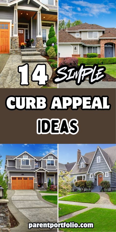 Image highlights 14 simple curb appeal ideas with stunning homes showcasing neat landscaping, vibrant entryways, and stylish architecture. The text '14 Simple Curb Appeal Ideas' appears boldly over the collage featuring homes with lush green lawns, decorative stone paths, and inviting porches. This design emphasizes practical and beautiful ways to enhance your home’s exterior, perfect for homeowners seeking easy updates or preparing to sell their house. Upgrade Outside Of House, Curb Appeal Before And After, House Curb Appeal Ideas, Home Curb Appeal Ideas, Small House Curb Appeal, Home Outside Decor, Exterior House Decor, Simple Curb Appeal, Easy Curb Appeal