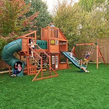 Backyard Kids, Wall Ladder, Play Structures, Playground Ideas, Cedar Lumber, Wooden Playset, Crow's Nest, Playset Outdoor, Balance Beam