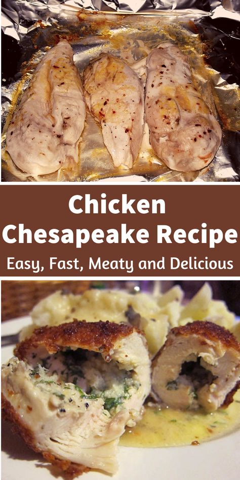 Everyone loves chicken and the love for it goes a notch higher when you’re digging into a bowl of chicken chesapeake. Chicken chesapeake recipe has been around for a very long while now but it’s okay if you’re just getting to know of it. The recipe with two main ingredients, chicken breasts and crab meat, with spices and then baked gives the irresistible dish – except you’re a vegetarian. Chesapeake Chicken, Chicken Chesapeake Recipe, Crab Stuffed Chicken Breast, Crab Imperial, Easy Baked Chicken, Crab Recipes, Dinner Easy, Spinach Recipes, Cook Chicken Breast