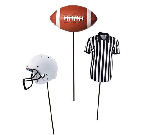 These cute themed sticks below would be great in a potted plant or centerpiece at a super bowl party.   You could use in the bar area as stirrers or on top of plain store bought cupcakes, so many options! #superbowl #superbowlparty #superbowltheme #superbowldecor #footballparty #footballtailgate #tailgateideas Sports Themed Centerpieces, Football Centerpiece, Football Centerpieces, Football Party Games, Referee Shirts, Football Banquet, Football Party Supplies, Black And White Football, Football Banner