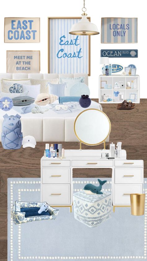 coastal bedroom!!! #bedroom #bedroominspo #coastalgranddaughter #aestethic Coastal Bedroom Preppy, Coastal Picture Wall Ideas, Room Inspo Coastal Granddaughter, Cute Coastal Bedroom, Coastal Apartment Bedroom, Coastal Granddaughter Bedroom Decor, Costal Bedding, Light Blue Room Ideas Bedroom, Costal Granddaughter Room Aesthic