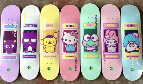 Skateboard Decks Aesthetic, Skateboard Deck Art Aesthetic, Cute Skateboards Designs, Aesthetic Skateboard Design, Sanrio Skateboard, Hello Kitty Skateboard, Cute Skateboards, Uk Icon, Skateboard Videos