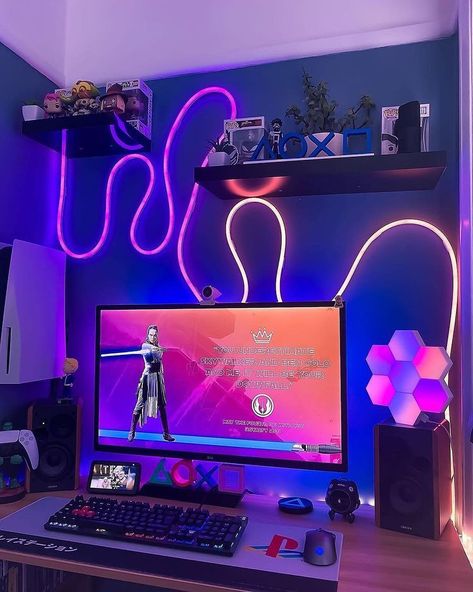 Gamer Room Wall Color, Led Rope Lights Bedroom, Rope Lights Bedroom, Modern Kids Room Design, Diy Neon Sign, Neon Rope, Setup Gamer, Lights For Bedroom, Modern Kids Room