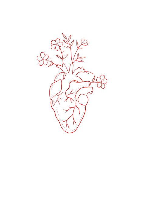 Small Tattoo Red Ink, Red Heart With Flowers Tattoo, Intricate Heart Tattoo, Human Heart Tattoo Designs, Flash Tattoo Heart, Heart Floral Tattoo, Heart With Flowers Drawing, Heart And Flowers Tattoo, Tattoo Rojo