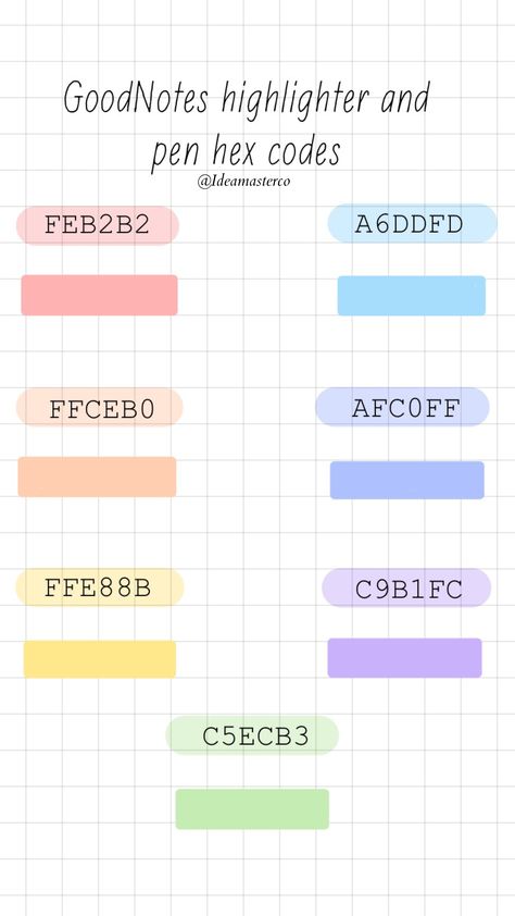 Are you a fan of dreamy pastel colorsWe have just the thing for youCheck out our beautiful pastel color hex code image that you can easily import into your GoodNotes planner. Goodnotes Pen And Highlighter Hex Codes, Color Pallets With Hex Codes Goodnotes, Nursing School Color Coding, Good Notes Pen Color Palette, Pastel Rainbow Hex Codes, Pastel Color Pallete Code, Note Color Schemes, Hex Codes For Goodnotes, Hex Color Palette Pastel