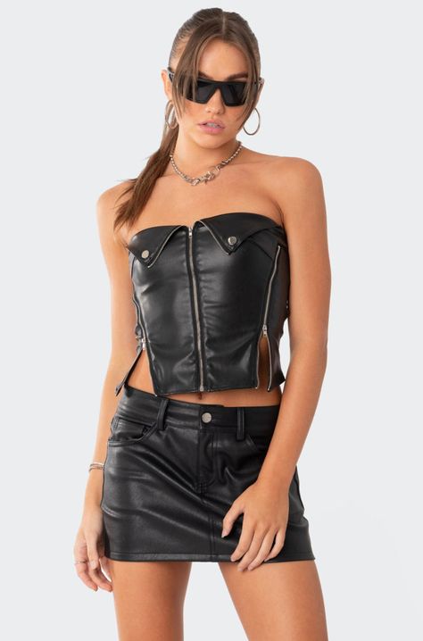 Tube Top And Shorts, Leather Outfits, Top Strapless, Tube Tops, Bodycon Skirt, Cropped Tube Top, Faux Leather Skirt, Body Con Skirt, Leather Outfit