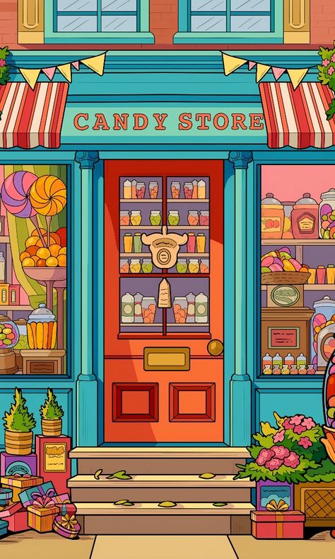 Sweet Shop Drawing, Candy Shop Drawing, Candy Shop Illustration, Store Front Illustration, Japanese Candy Shop, Chocolate Business, Old School Candy, Acrylic Ideas, Japanese Candy