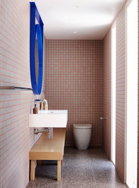 Modern Bold Bathroom, Mirror On Tiled Wall, Blue Round Mirror, Checkerboard Tiles Bathroom, Tile With Colored Grout, Pink Grout, Terrazzo Bathroom Design, Punchy Aesthetic, Blue Grout