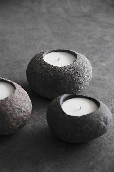 NIGHTFALL Candle Stone Clay Ideas, Manly Design, Linen Table Settings, Ceramic Candles, Pottery Decor, Stone Candle Holder, Rock Candle, Luxury Home Accessories, Spa Candle