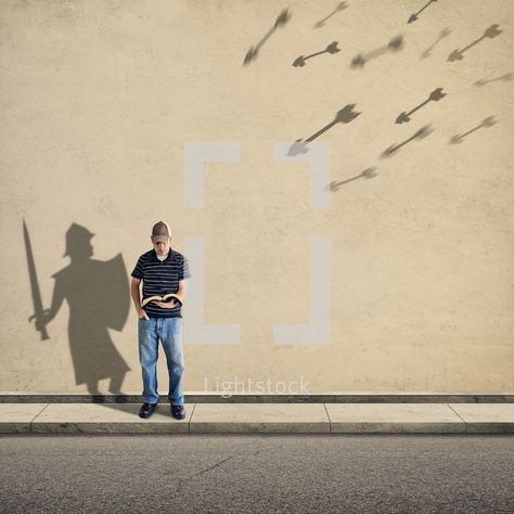 a man reading a Bible and shadows of a knight and shield with arrows flying Spiritual Attack, Shield Of Faith, Christian Images, Bible Pictures, Prophetic Art, Ayat Alkitab, Armor Of God, Jesus Art, Spiritual Warfare