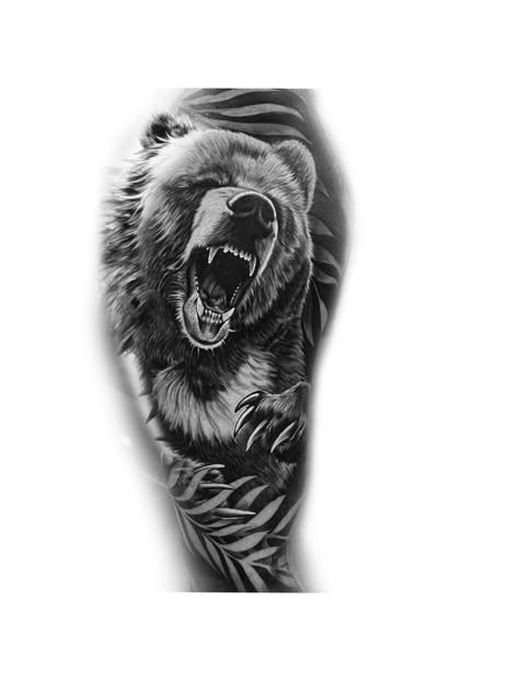 Grizzly Bear Tattoos For Men, Nordic Sleeve, Bear Tattoos For Men, Grizzly Bear Tattoos, Bear Tattoo Designs, Surreal Tattoo, Compass Tattoo Design, Bear Tattoos, Leg Tattoo Men