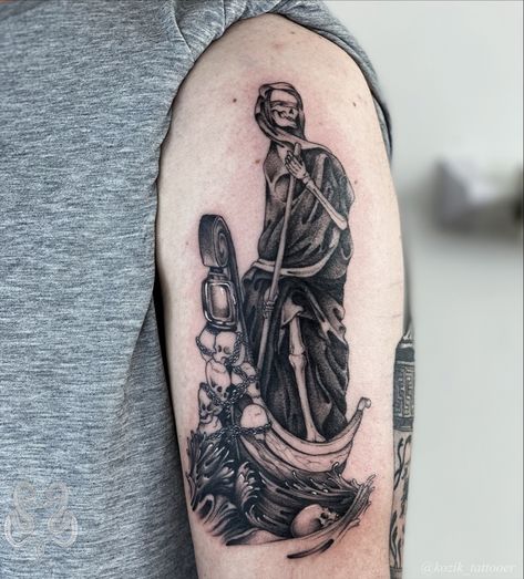 Charon mythology tattoo blackwork fineline realistic @kozik_tattooer Charon Tattoo Greek Mythology, Charon The Ferryman Tattoo, Ferryman Tattoo, Charon Tattoo, Myth Tattoo, Hades Tattoo, Greek God Tattoo, Masculine Tattoos, Grim Reaper Tattoo