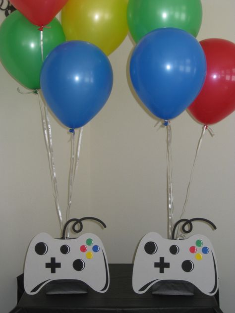 Gaming Decorations Party, Video Game Party Cupcakes, Gamer Birthday Party Centerpieces, Playstation Party Decorations, Video Game Centerpieces, Video Game Baby Shower Ideas, Gaming Centerpieces, Gamer Party Ideas, Gamer Birthday Party Ideas