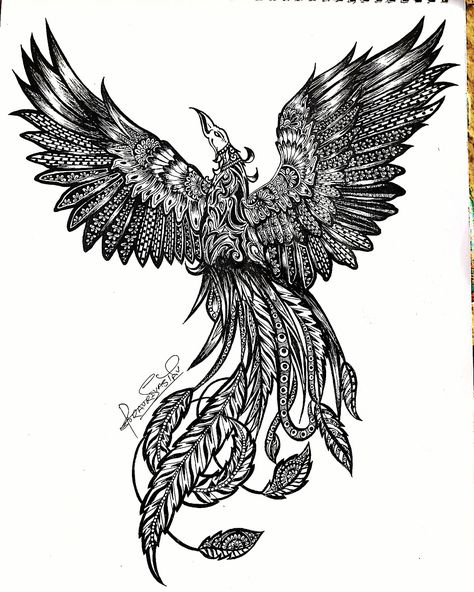 Phoenix Mandala Art, Mandala Phoenix Tattoo, Phoenix Doodle, Phinox Tattoo, Phoenix Mandala, Birds Doodle, Monochromatic Pattern, Bird Doodle, Art Trading Cards