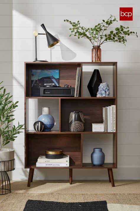 This bookcase's modern appeal fits throughout your home as the perfect display space in your living room, office, or nursery Mid Century Modern Bookcase, Geometric Bookcase, Mid Century Aesthetic, Modern Bookshelf, Modern Bookcase, Cube Organizer, Wooden Bookcase, Nursery Organization, Open Design