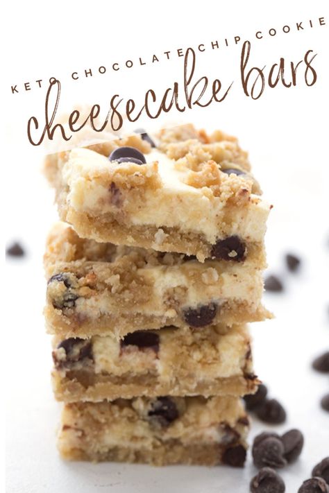 Titled image with a stack of keto chocolate chip cookie cheesecake bars with a few chocolate chips scattered around. Chocolate Chip Cookie Cheesecake Bars, Cookie Cheesecake Bars, Keto Chocolate Chip Cookie, Low Carb Chocolate Chip Cookies, Dolce Poche Calorie, Biscotti Cheesecake, Chocolate Chip Cheesecake Bars, Chocolate Chip Cookie Cheesecake, Cookie Cheesecake