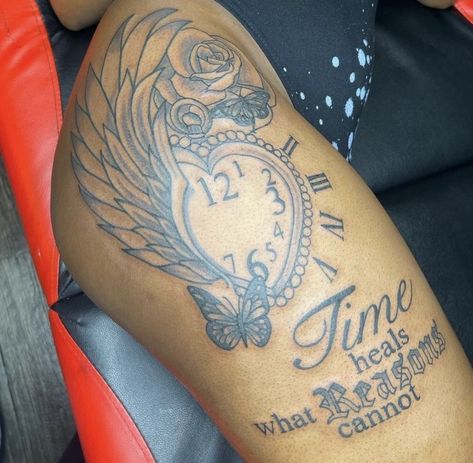 Time Heals Tattoo For Women, Time Heals Tattoo, Memorial Tattoo Designs, Cute Tattoos On Wrist, Thigh Tat, Spine Tattoos For Women, Tattoos For Black Skin, Leg Tattoos Women, Dope Tattoos For Women