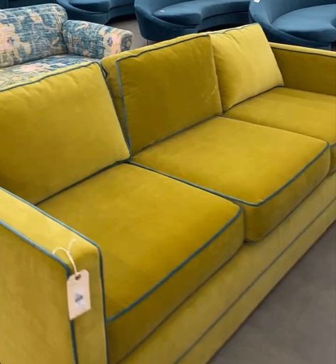 Chartreuse Couch Living Room, Couch With Piping, Chartreuse Sofa, Chartreuse Velvet Sofa, Chartreuse Couch, Chartreuse Home Accents, Comfy Sofa Living Rooms, Chartreuse Chair, Chartreuse Accents