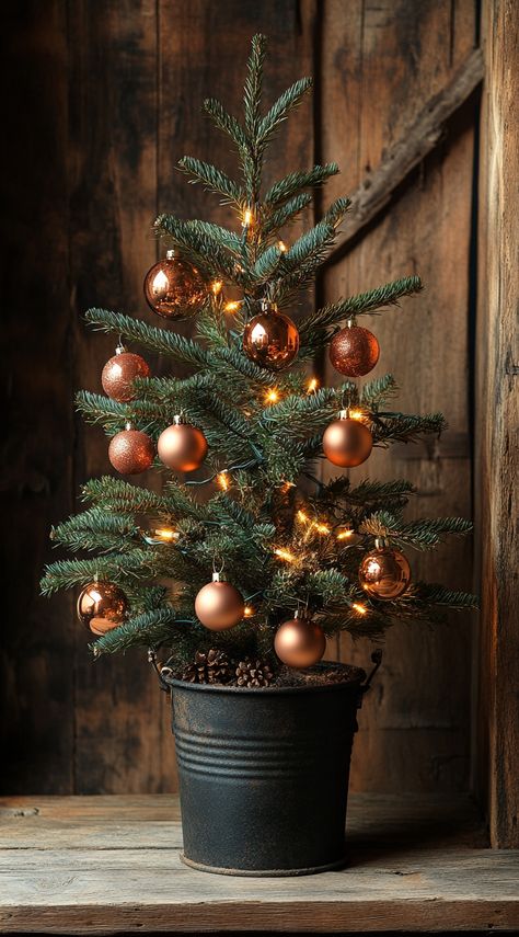 Small Christmas tree in an iron bucket, adorned with copper ornaments and lights, against a rustic wooden backdrop. Rustic Woodland Christmas Tree, Earthy Christmas Tree, Christmas Brown Aesthetic, Forest Christmas Decor, Chic Christmas Decor Ideas, Boho Christmas Decor Ideas, Earthy Christmas, Boho Chic Christmas, Winter Pots